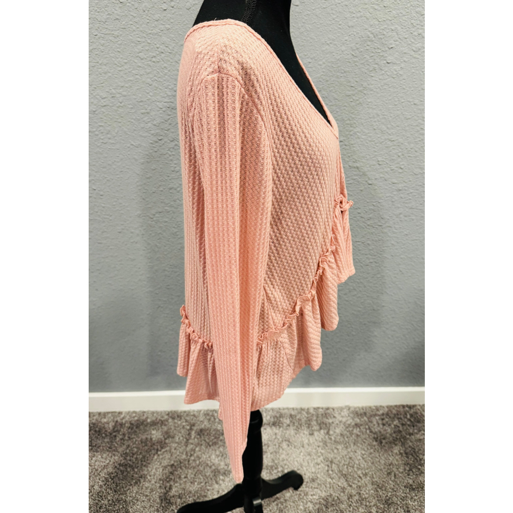 Peach Lane Pink Ruffle Hem Long-Sleeve Cropped Knit Top, Sz L, NEW - Picture 3 of 5